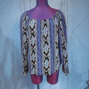 BIYAYCDA Women Blue Floral Stripe Long Sleeve Scoop Neck Top Large Vintage